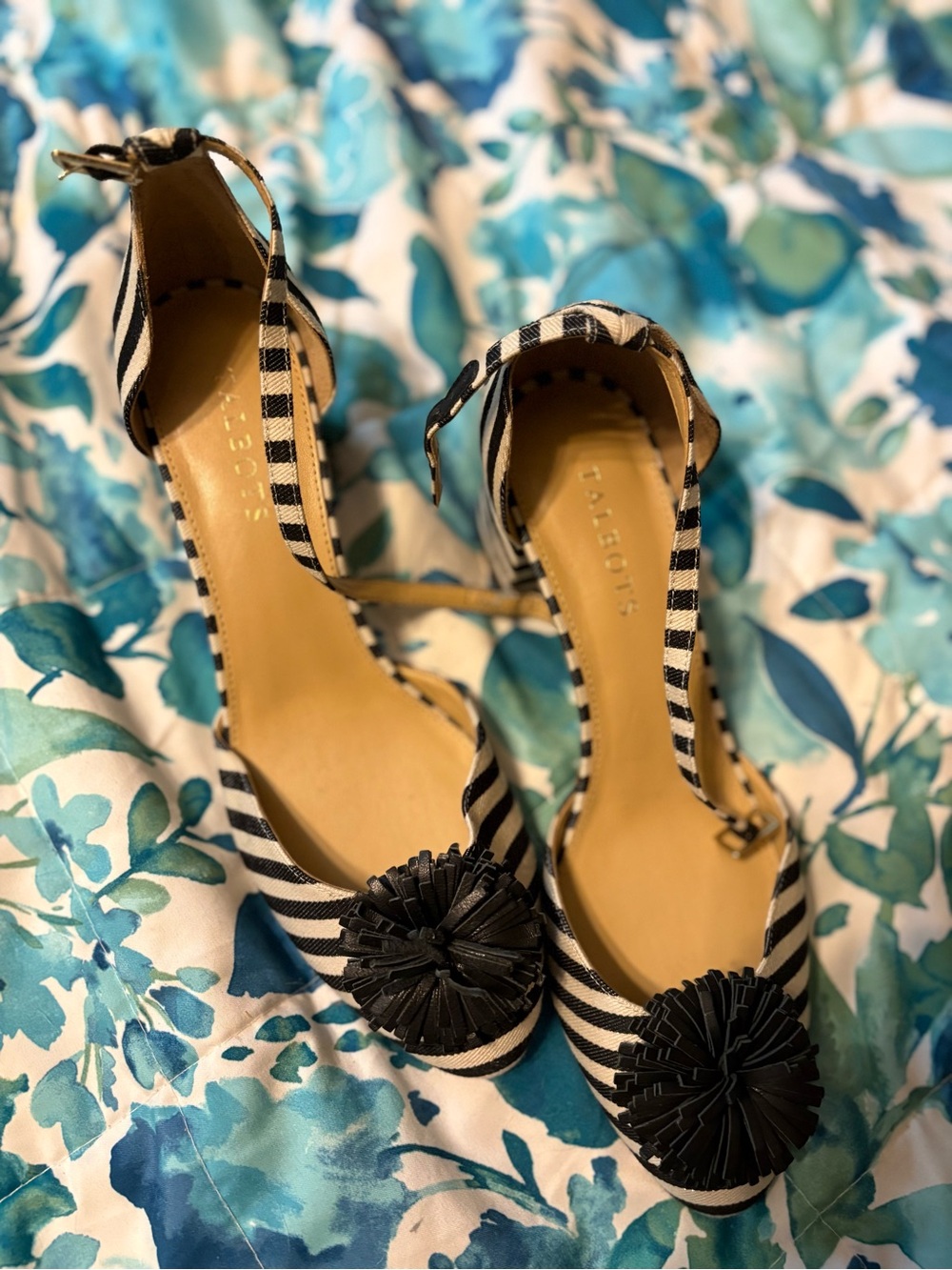 Talbots Striped Ankle‑Strap Pom Pom Heels - Black & White